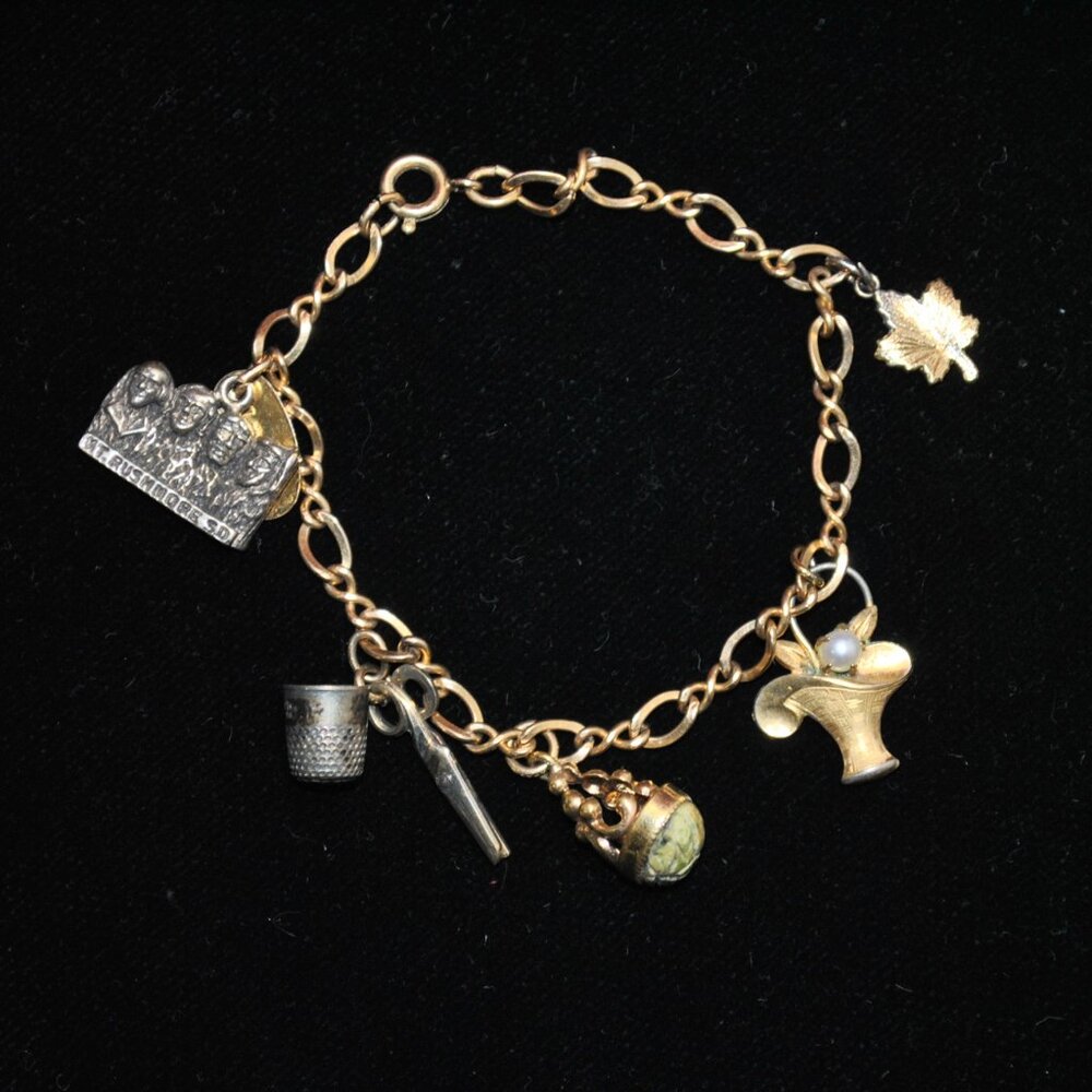 Vintage JC&Co Gold-filled Sterling Charm Bracelet Scarab Fob Sewing Mt. Rushmore